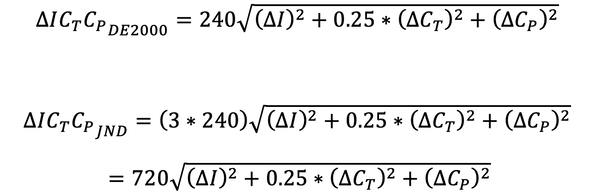 ∆ICtCp DE2000 and ∆ICtCp JND equations 